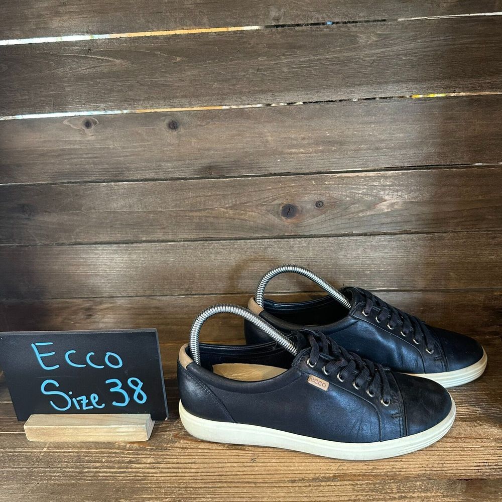 Womens‎ Ecco Soft 7 Black Leather Athletic Casual Sneakers Shoes Size EU 38 GUC